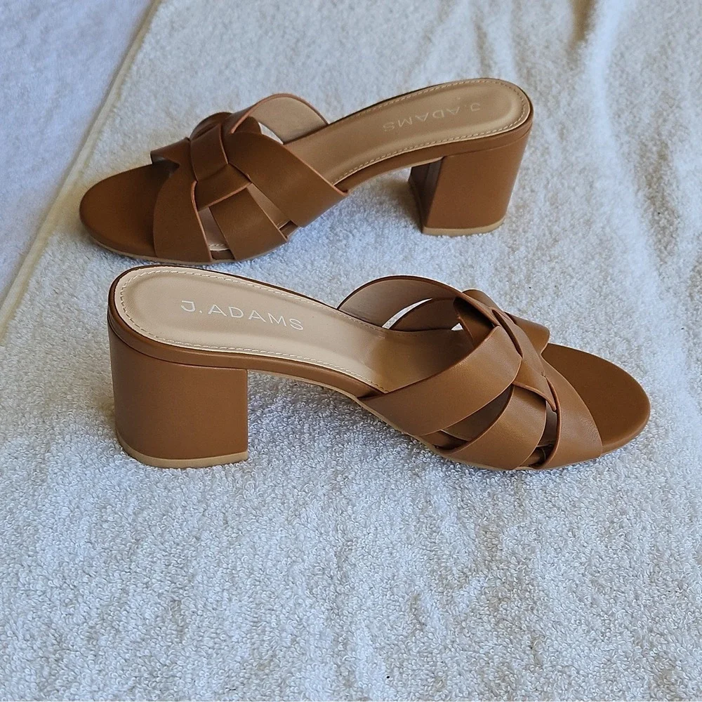 J. Adams Tan PU‎ Strappy Block Heel Mule Open Toe Slip On Size 5.5
